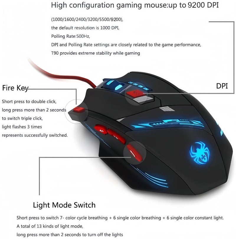zelotes T90 Gaming Mouse 9200 DPI, 8 Programmable Buttons Multi-Modes LED Lights USB Gaming Mice, Weight Tuning for Laptop, Desktop, PC,- Black - Image 4